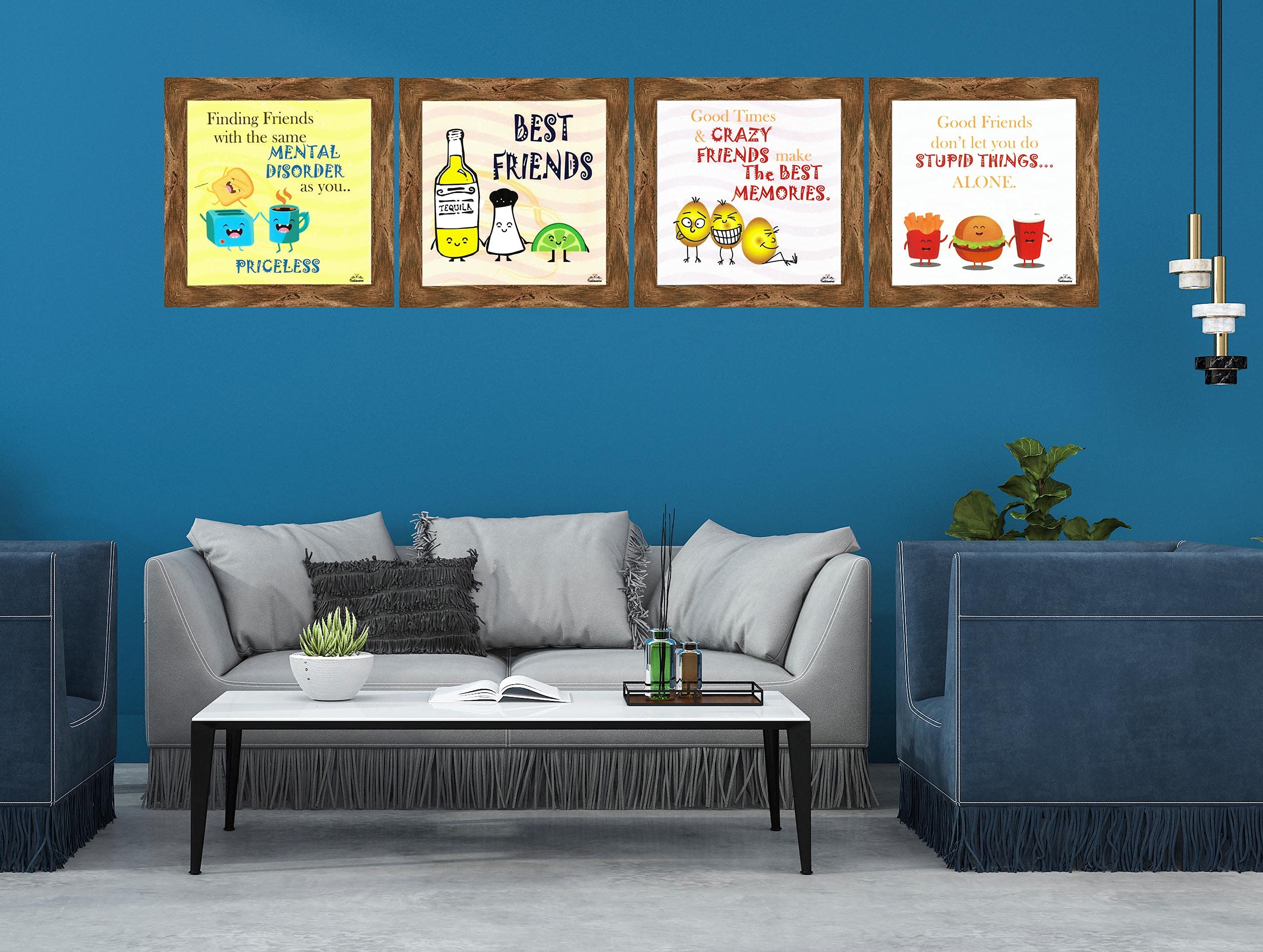 Indianara Set Of 4 Quirky Friends Quote Framed Wall Hanging Laminated Paintings Matt Art Prints 9.5 Inch X 9.5 Inch (Multicolour